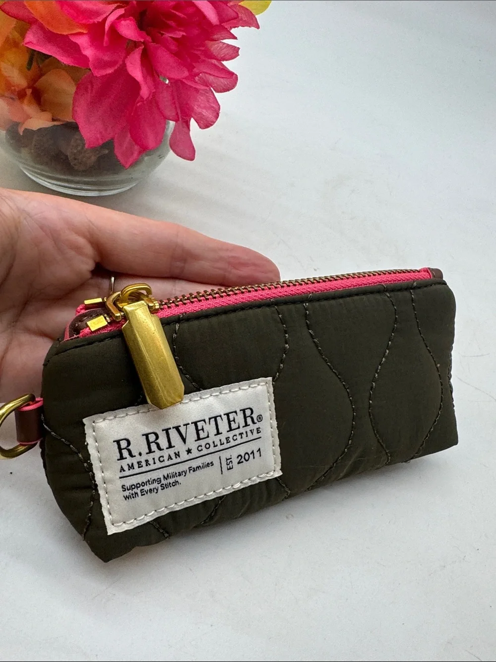 Olive Quilted Key Pouch with Pink Zipper